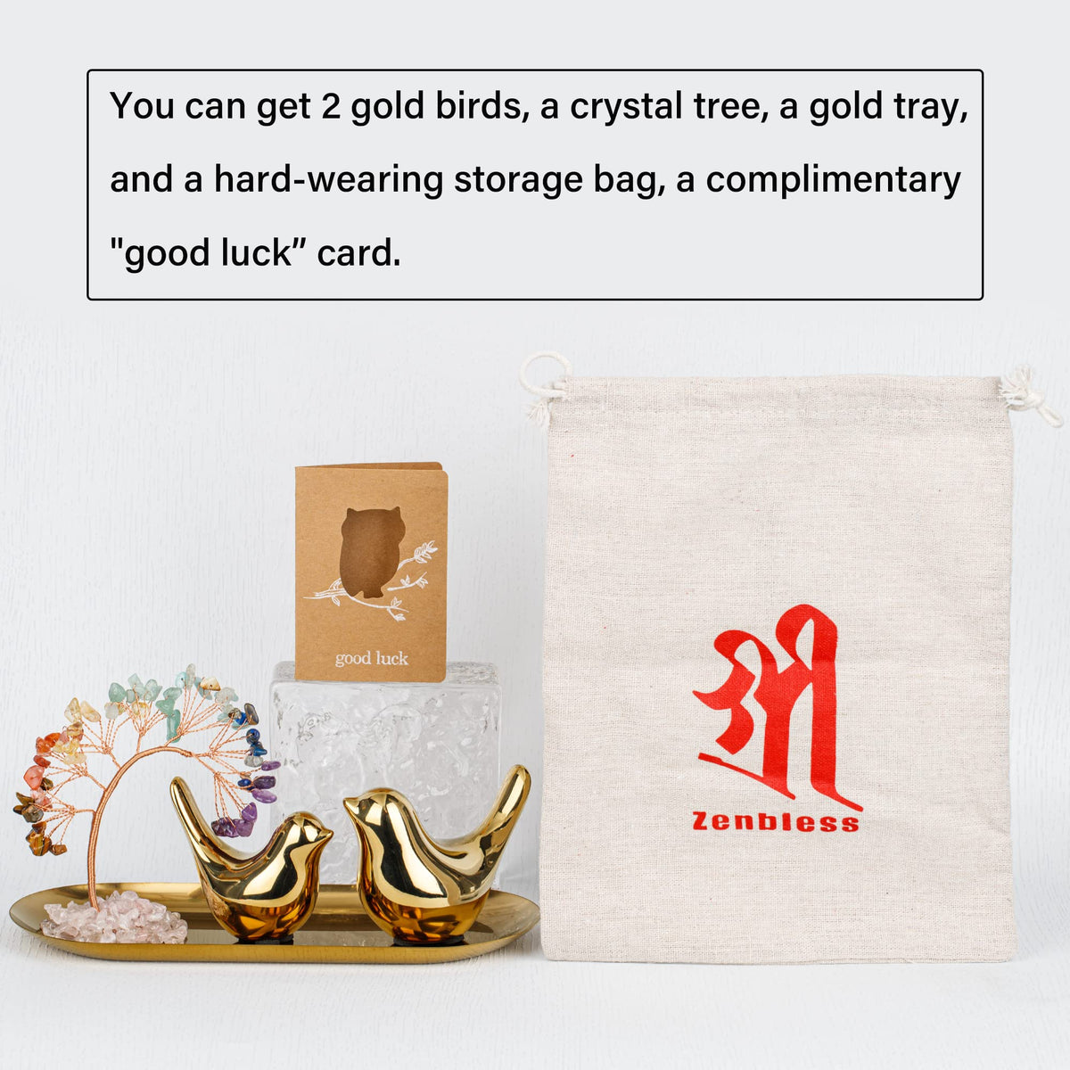 7-Stone Crystal Tree, Gold Bird & Tray Décor Set