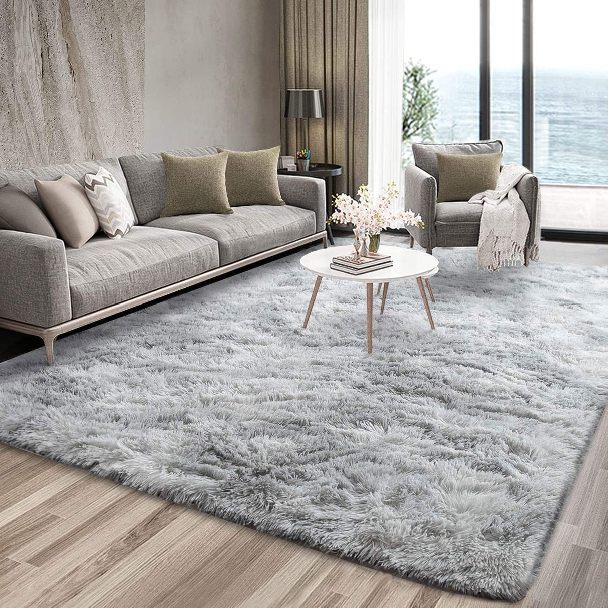 Super Soft Indoor Modern Shag Area Silky Smooth Fur Rugs Fluffy Rugs Anti-Skid Shaggy Area Rug Dining Room Home Bedroom Carpet Floor(Grey White, 120x160cm）