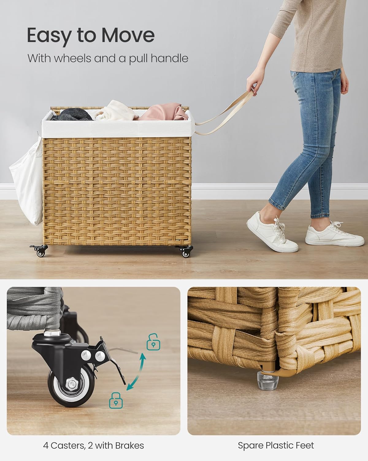 160 L Rolling 3-Section Laundry Hamper with Lid