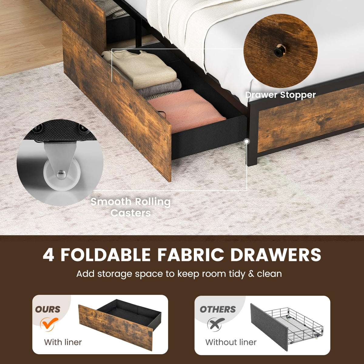 Queen Metal Platform Bed with RGB Headboard, Charging & 4 Drawers