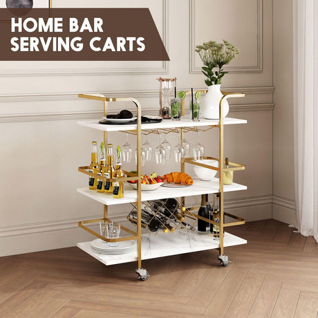 Bar Cart Home Bar Serving Cart 3 Tier Mobile Bar Cart with Wine Bottle Racks & Glass Holder Coffee Cart Mini Bar Cart Gold & White