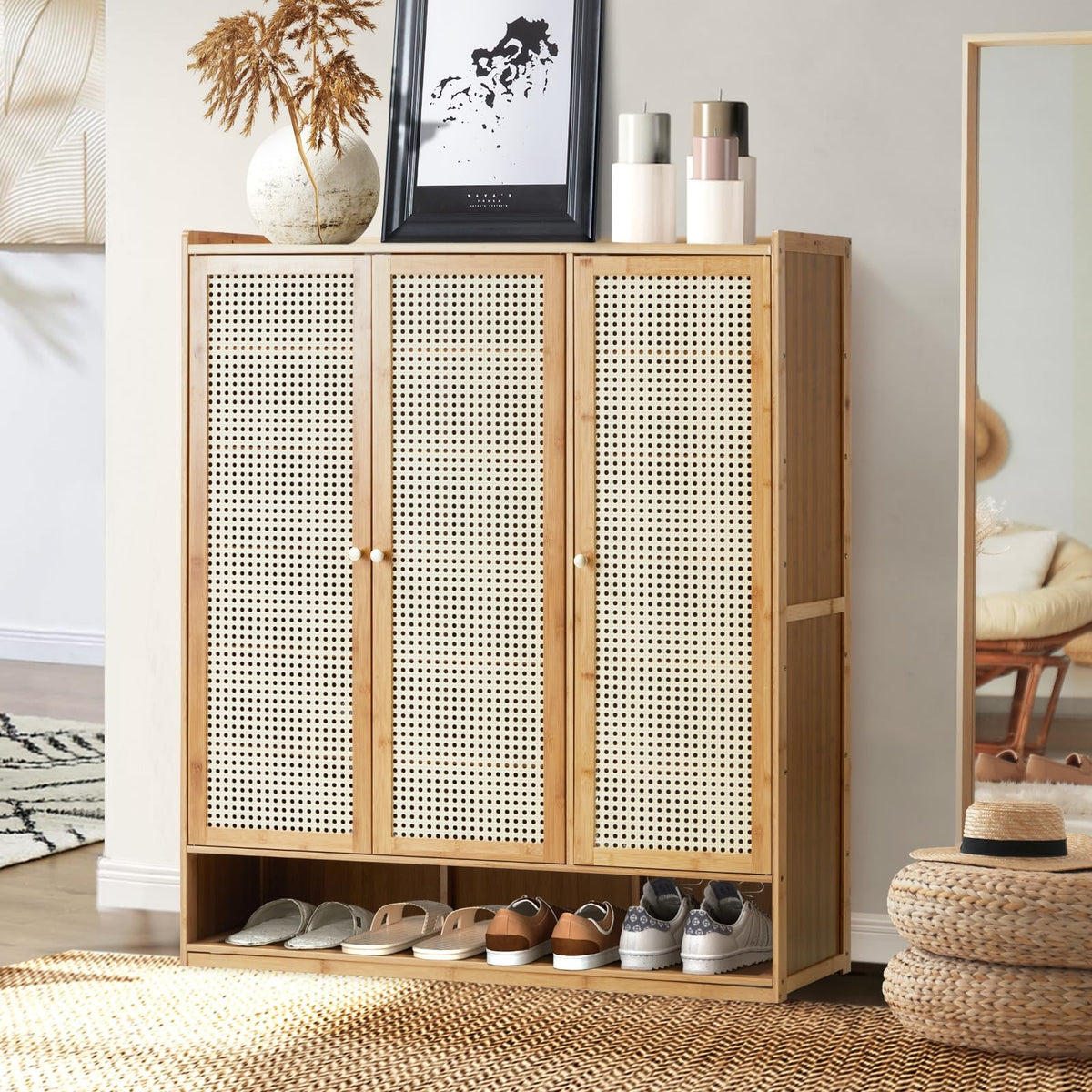 7-Tier Shoe Cabinet with 3 Rattan-Style Doors & Open Lower Shelf