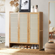7-Tier Shoe Cabinet with 3 Rattan-Style Doors & Open Lower Shelf