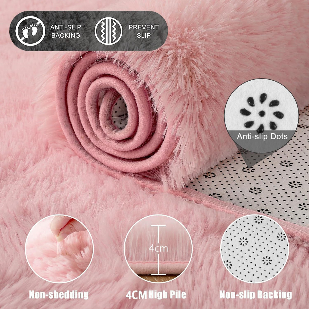 Ultra-Soft Washable Shaggy Area Rug – Pink, 80 × 160 cm