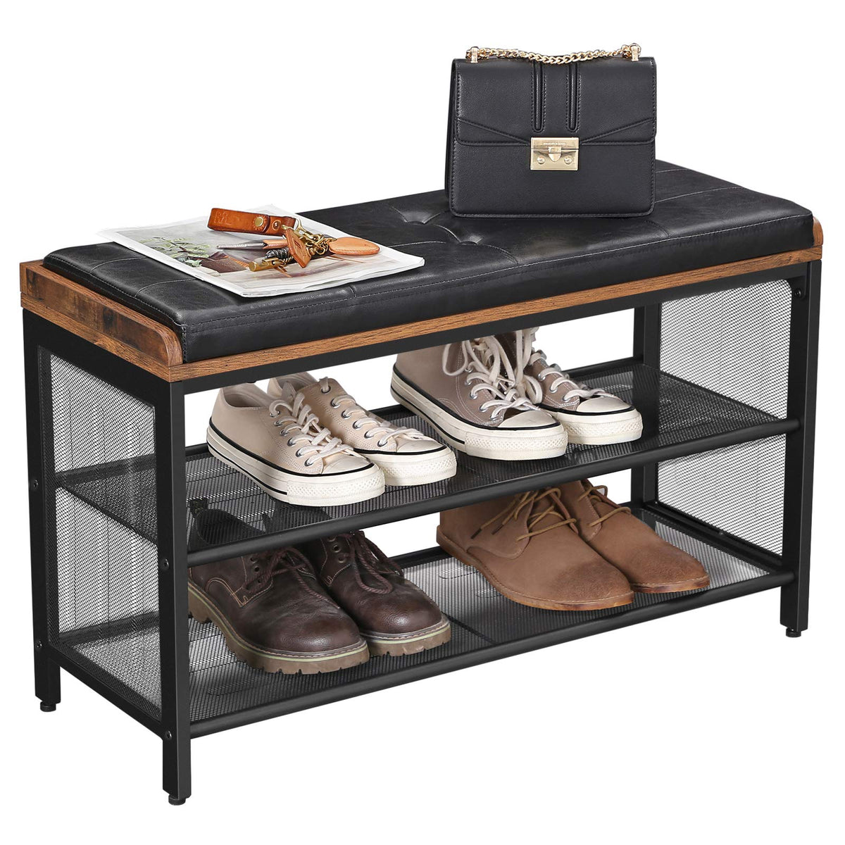 80 cm Padded Shoe Bench with Mesh Shelf – Rustic Brown