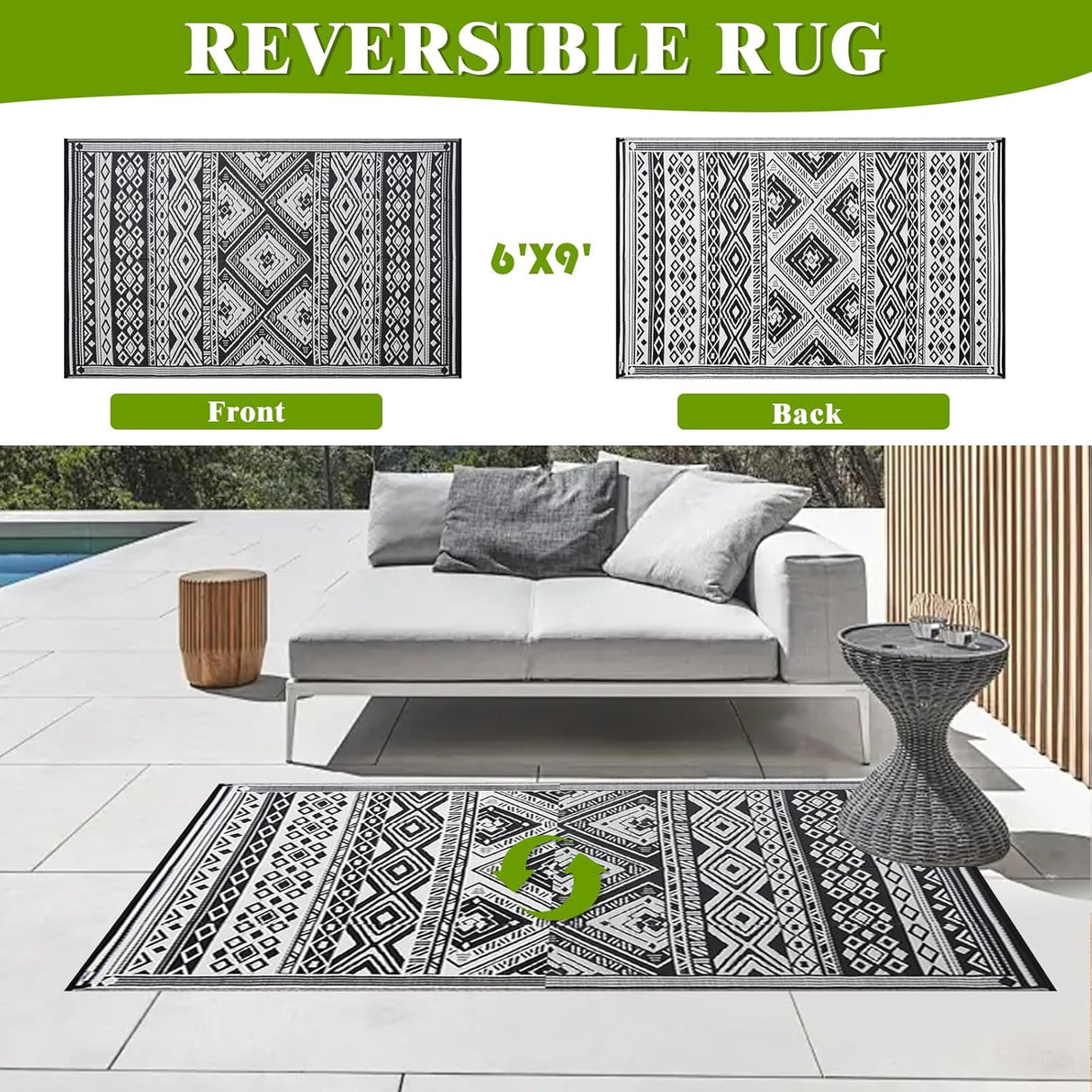 Reversible Waterproof Outdoor Rug 180x270cm, Outdoor Plastic Straw Rug for Patios Clearance, Outdoor Area Rug Carpet RV Mat for Camping Backyard Deck Porch