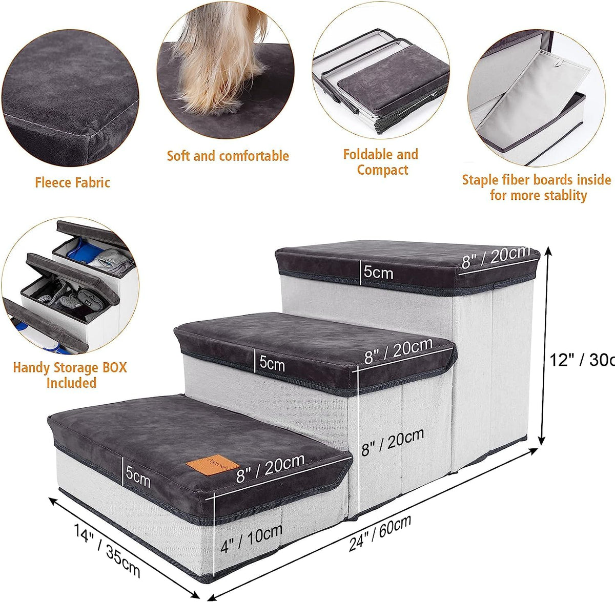 3-Step Foldable Pet Stairs with Storage Boxes