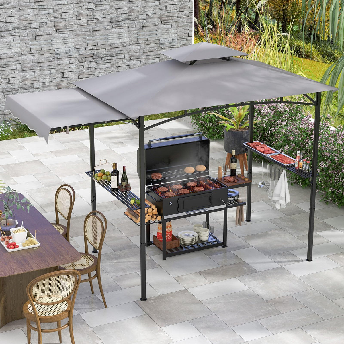 BBQ Gazebo with Side Awning, Shelves & Hooks