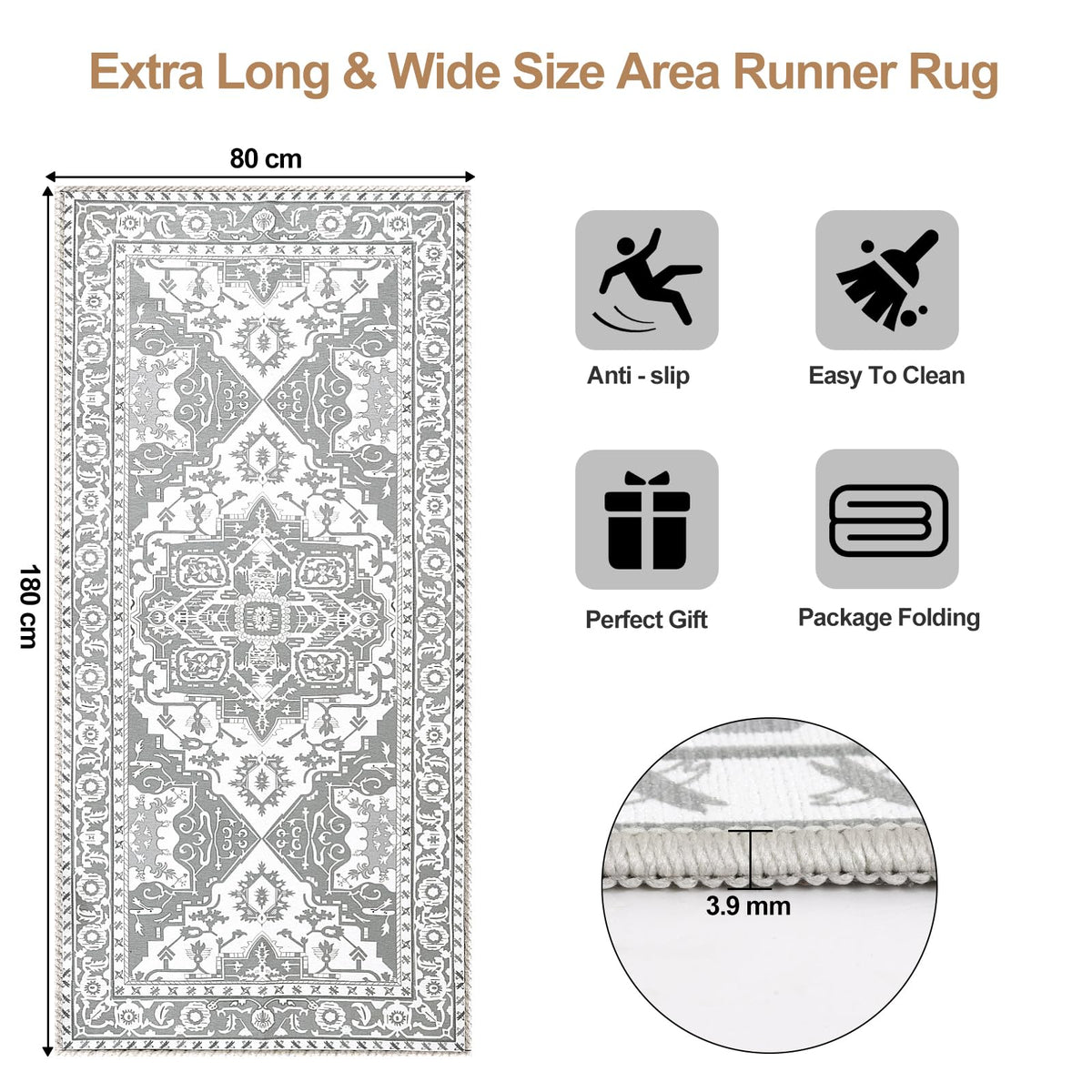 80 × 180 cm Grey Vintage Washable Runner