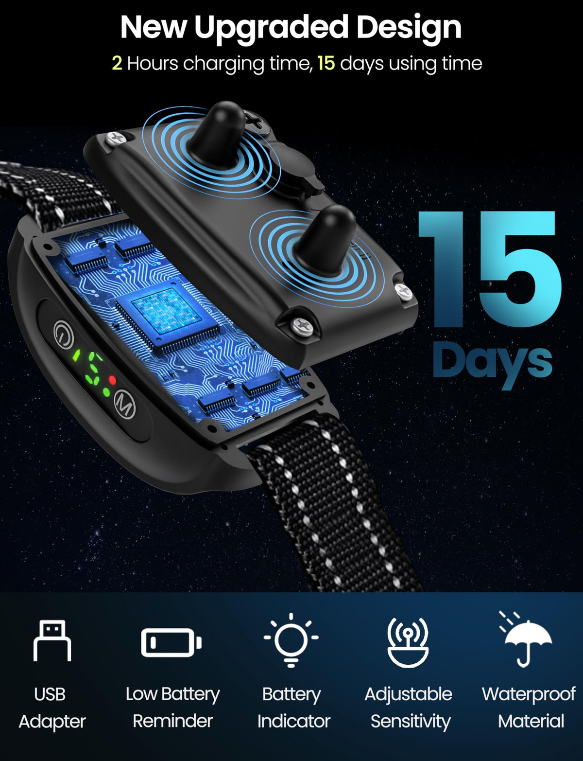 Dog Bark Collar Rechargeable No Shock Barking Collar, Waterproof Smart Beep Vibration Anti Barking Training Collar with 5 Adjustable Sensitivity for Small Medium Large Dogs