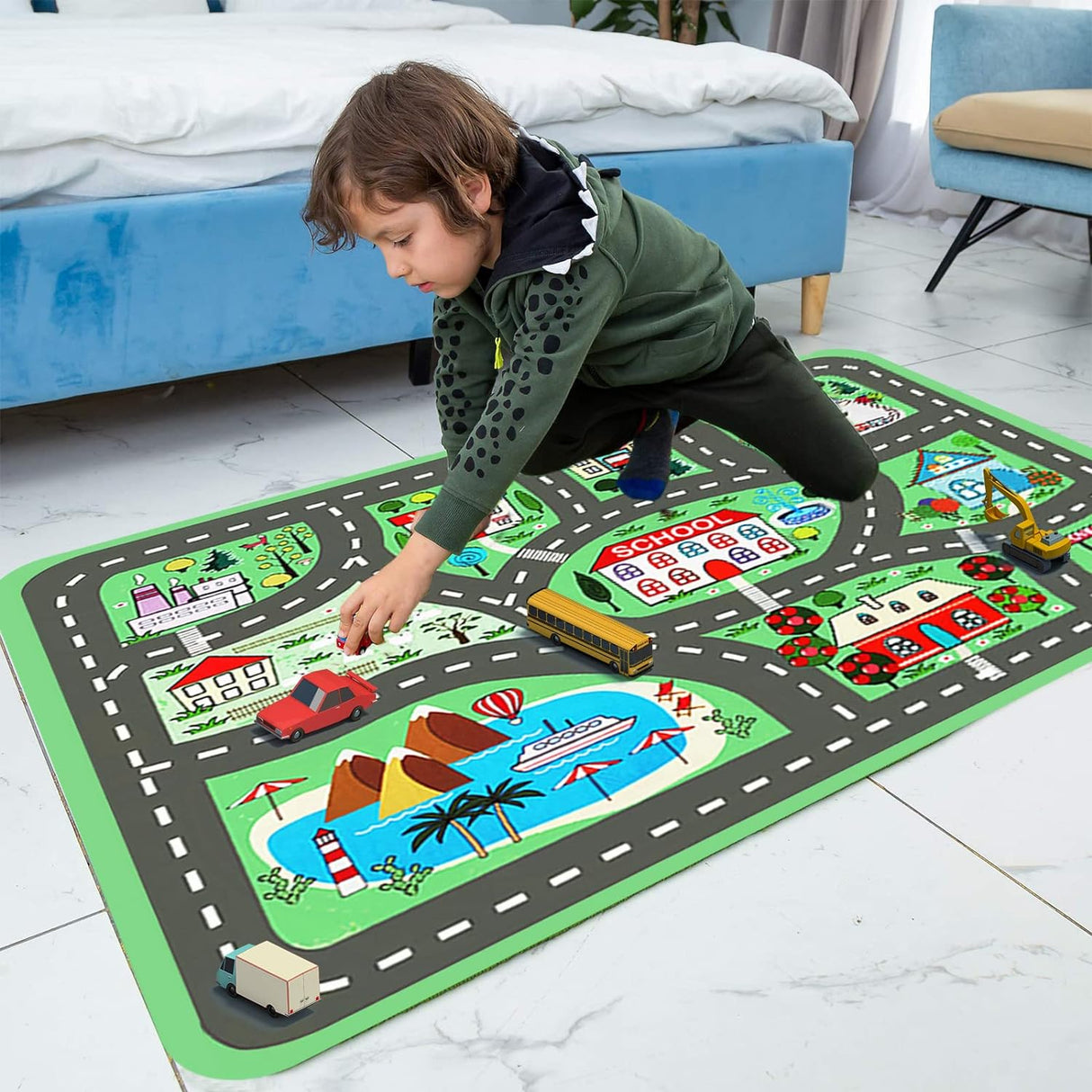 Play Mat Kids Rug Carpet Playmat Extra Large Learn Have Fun Safe Road Traffic System Multi Color Study Activity Centerpiece Play Mat for Playing with Cars for Bedroom Playroom