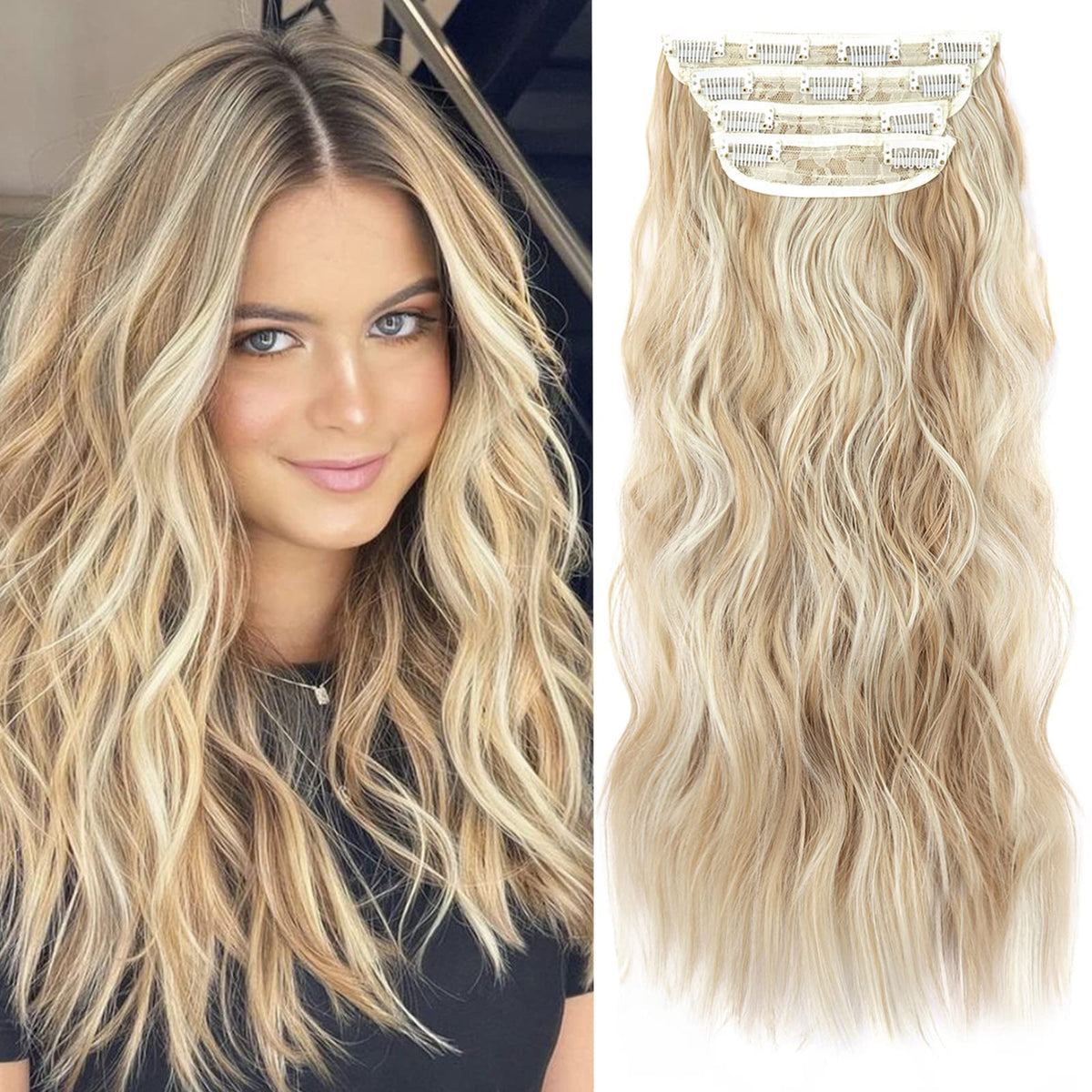 20-Inch Wavy Clip-In Hair Extensions – 4-Piece Blonde Highlight Set