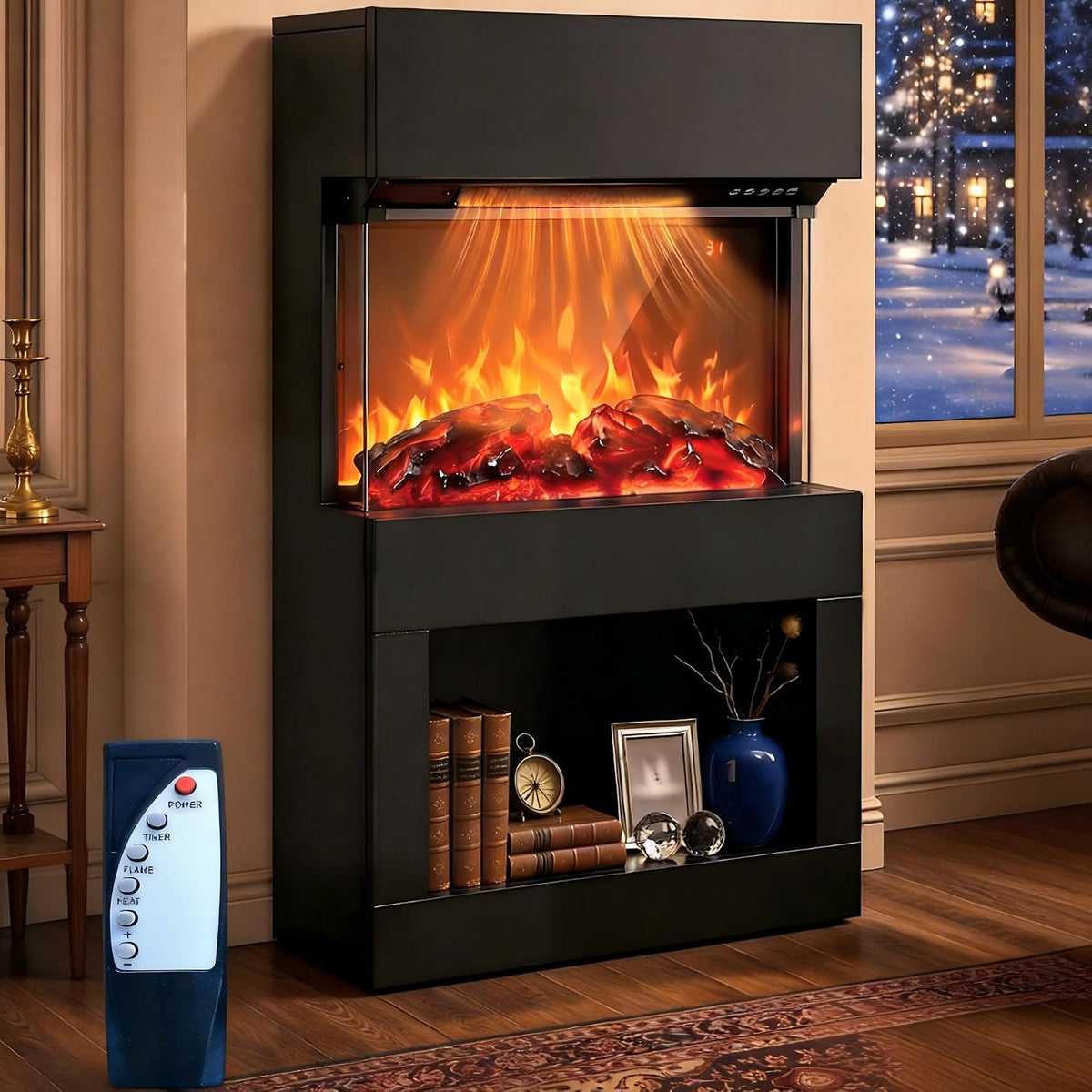 2000W Electric Fireplace Heater with Mantel & Storage