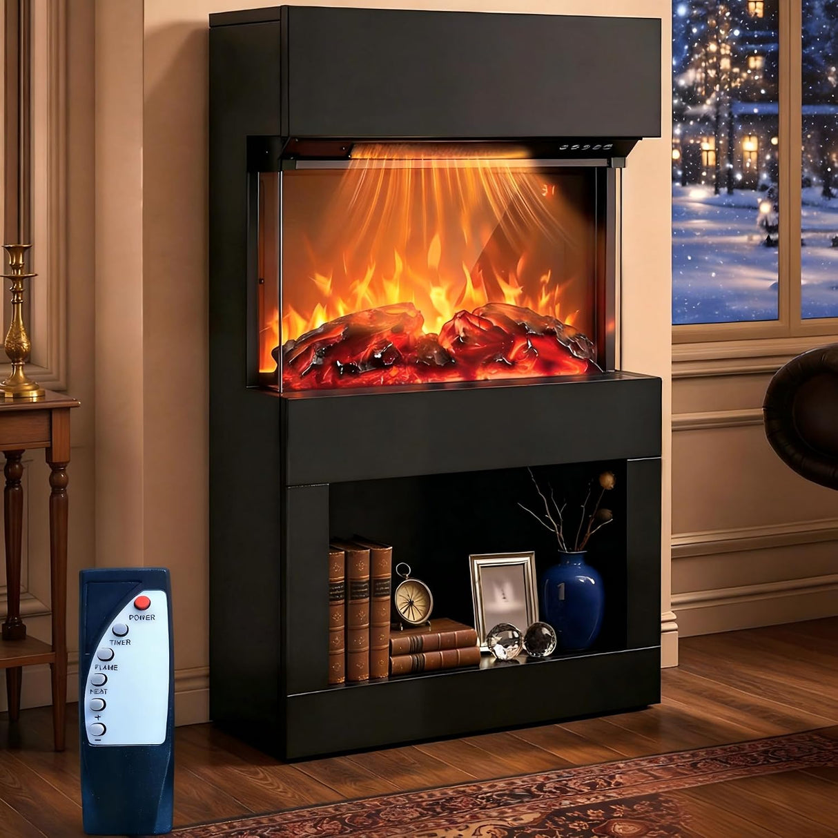2000W Electric Fireplace Heater with Mantel, Powerful Space Heaters with 6-Color LED Flame, 2 Heating Levels, 12H Timer, Lower Storage, Overheat Protection for Indoor Use, Black