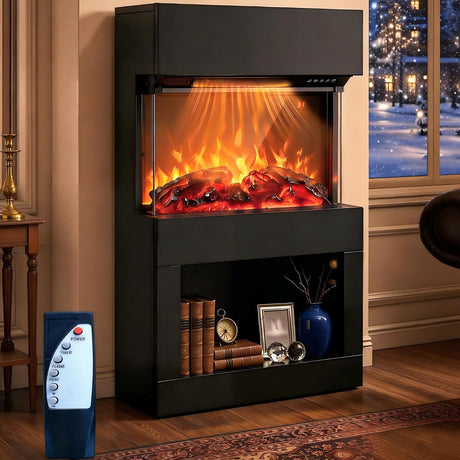 2000W Electric Fireplace Heater with Mantel, Powerful Space Heaters with 6-Color LED Flame, 2 Heating Levels, 12H Timer, Lower Storage, Overheat Protection for Indoor Use, Black