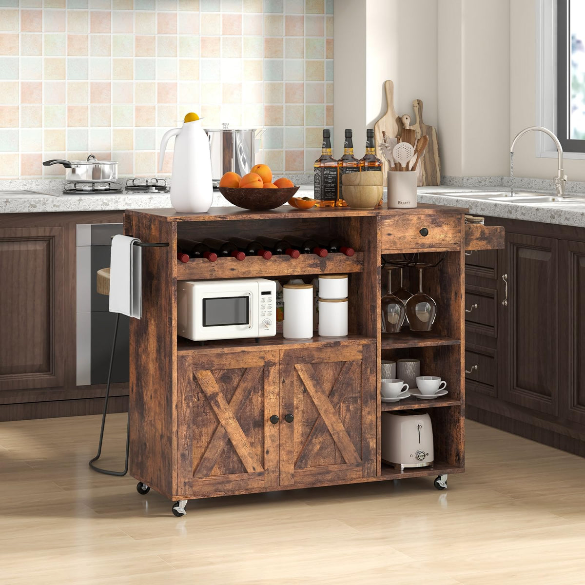 121 cm Rolling Kitchen Island with Drop Leaf, Wine Rack & Storage