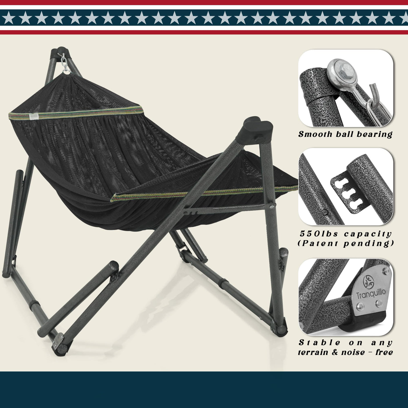 Tranquillo Uniki Folding Hammock & Steel Stand – Black