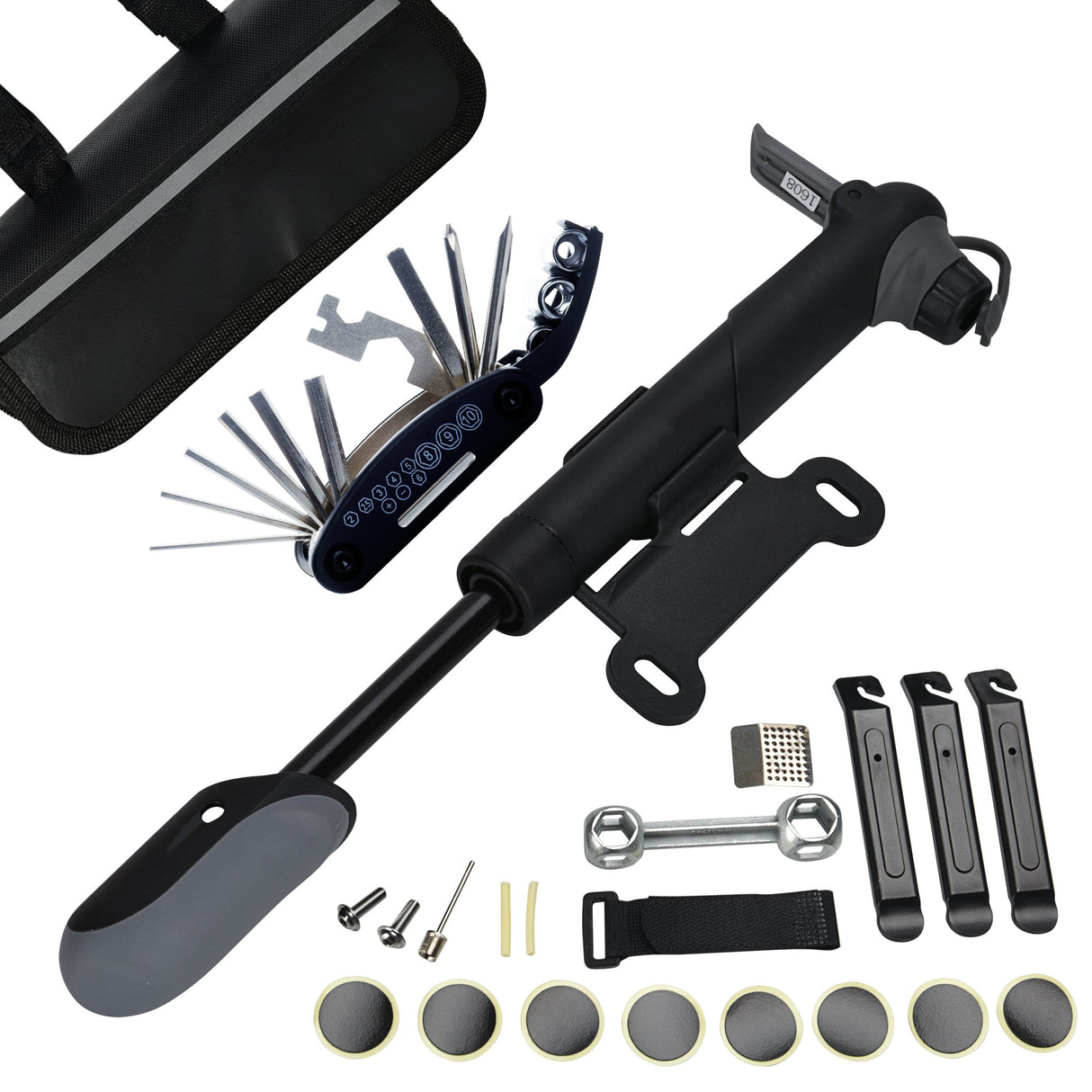 A35 Bike Repair Kit - 120 PSI Mini Pump & 16 in 1 Bicycle Multi Tool with Handy Bag Included Glueless Tire Tube Patches & Tire Levers