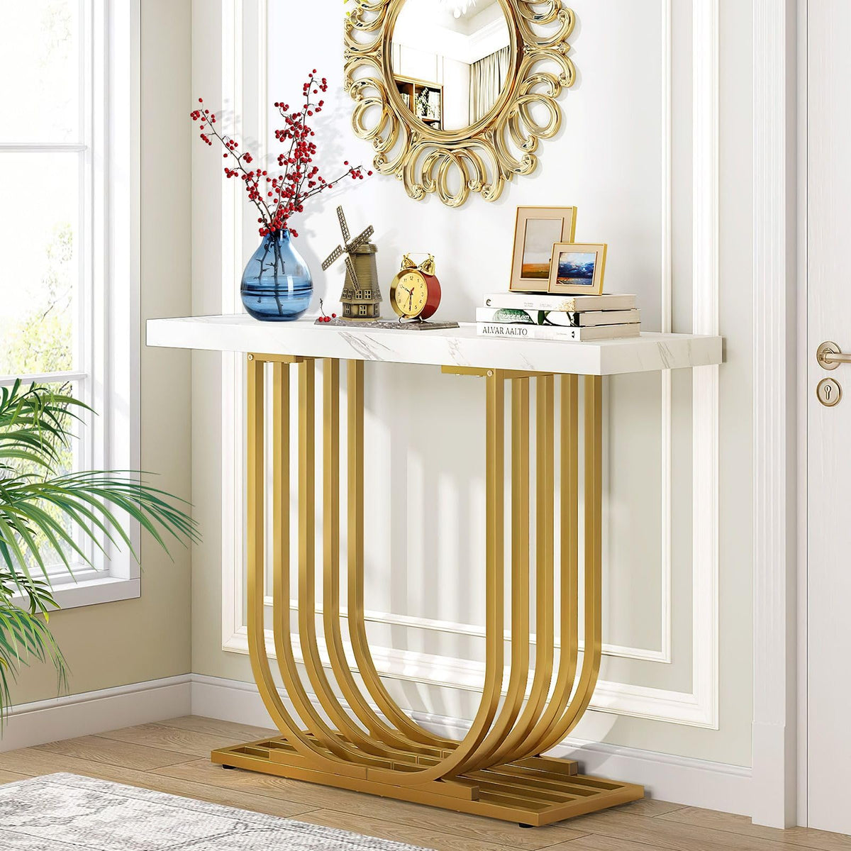 U-Shaped White Marble-Style Console Table