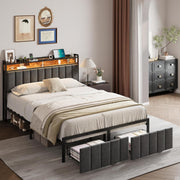 Bed Frame with Storage, Upholstered Bed Frame with LED Lights Headboard and 2 Drawers, Charging Station, Noise-Free, No Box Spring Needed, Easy Assembly, Grey