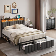 Bed Frame with Storage, Upholstered Bed Frame with LED Lights Headboard and 2 Drawers, Charging Station, Noise-Free, No Box Spring Needed, Easy Assembly, Grey