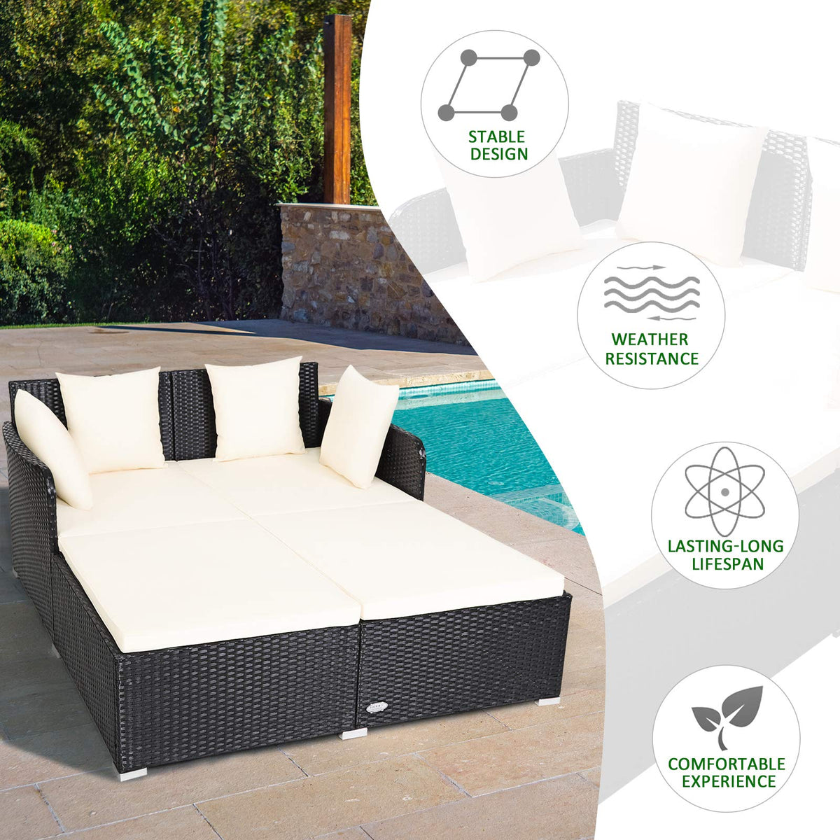 Beige Rattan Outdoor Daybed with Cushion & 4 Pillows