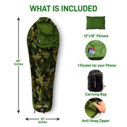 Mummy Sleeping Bag with Pillow & Compression Carry Bag
