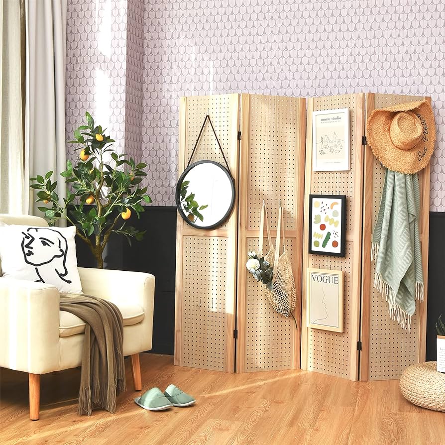 152 cm 4-Panel Folding Pegboard Display Divider – Natural