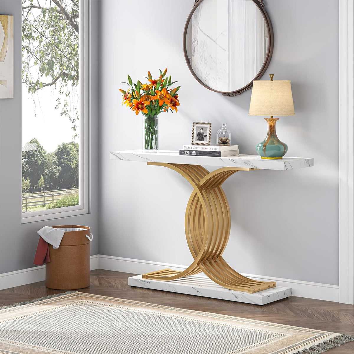 99 cm Gold & White Faux-Marble Console Table