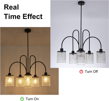 6 Lights Crystal Chandeliers, Black Farmhouse Chandelier, Metal Industrial Pendant Lighting, Semi Flush Mount Chandelier Ceiling Lamp for Dining Room Bedroom Kitchen, E27 Base