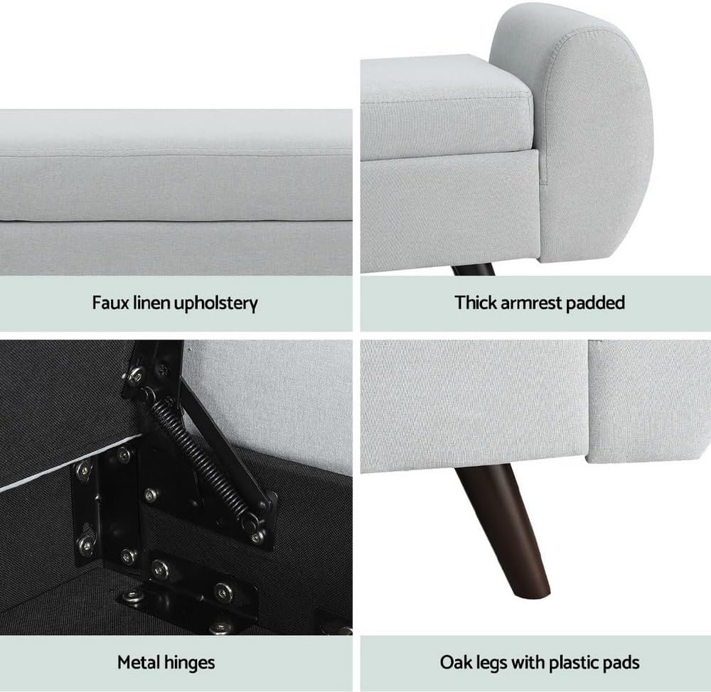 140 cm Grey Linen Storage Ottoman with Armrests