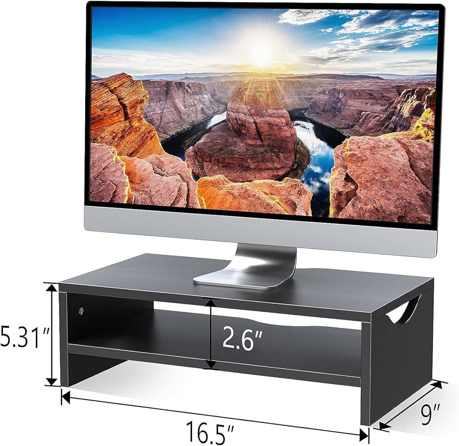 Black 2-Tier Wood Monitor Riser with Keyboard Storage