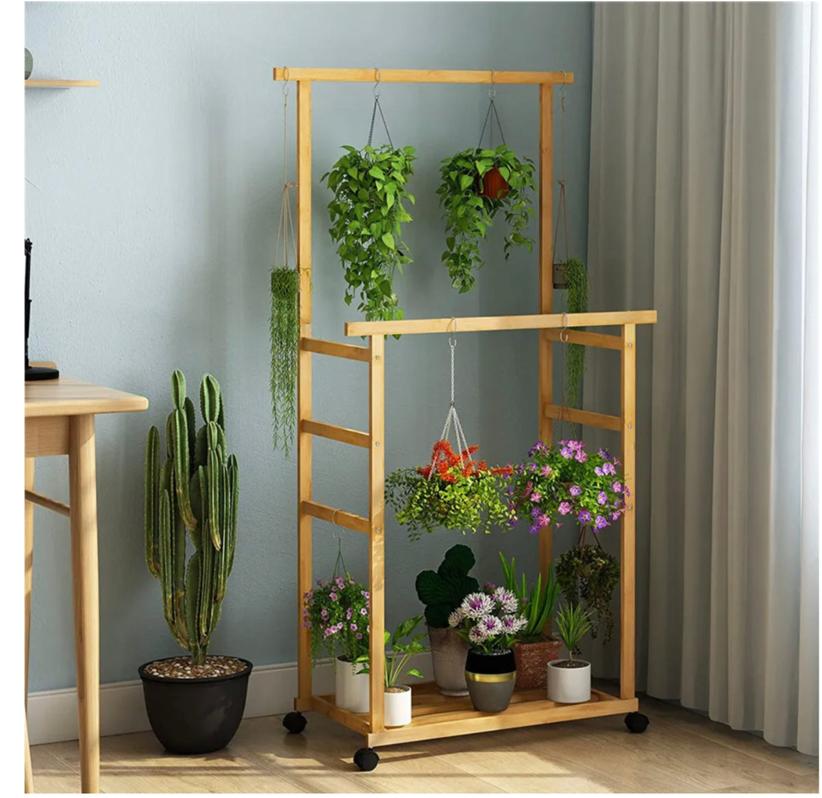 Rolling Double-Rail Bamboo Garment Rack with Lower Shelf