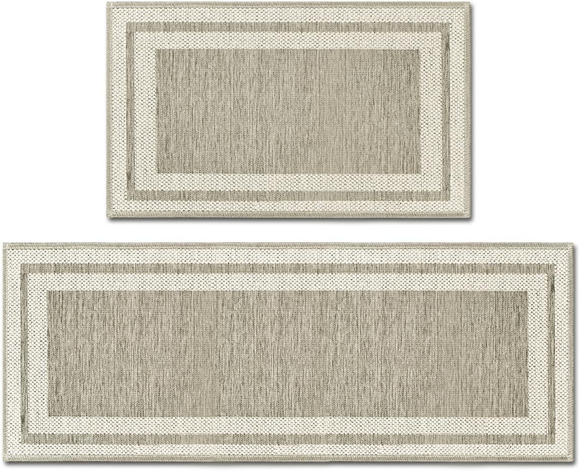 2-Piece Beige-Grey Absorbent Kitchen Rug Set – 43 × 73 & 43 × 118 cm