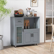 Grey Rolling Kitchen Island with Drawer & Glass-Door Cabinet