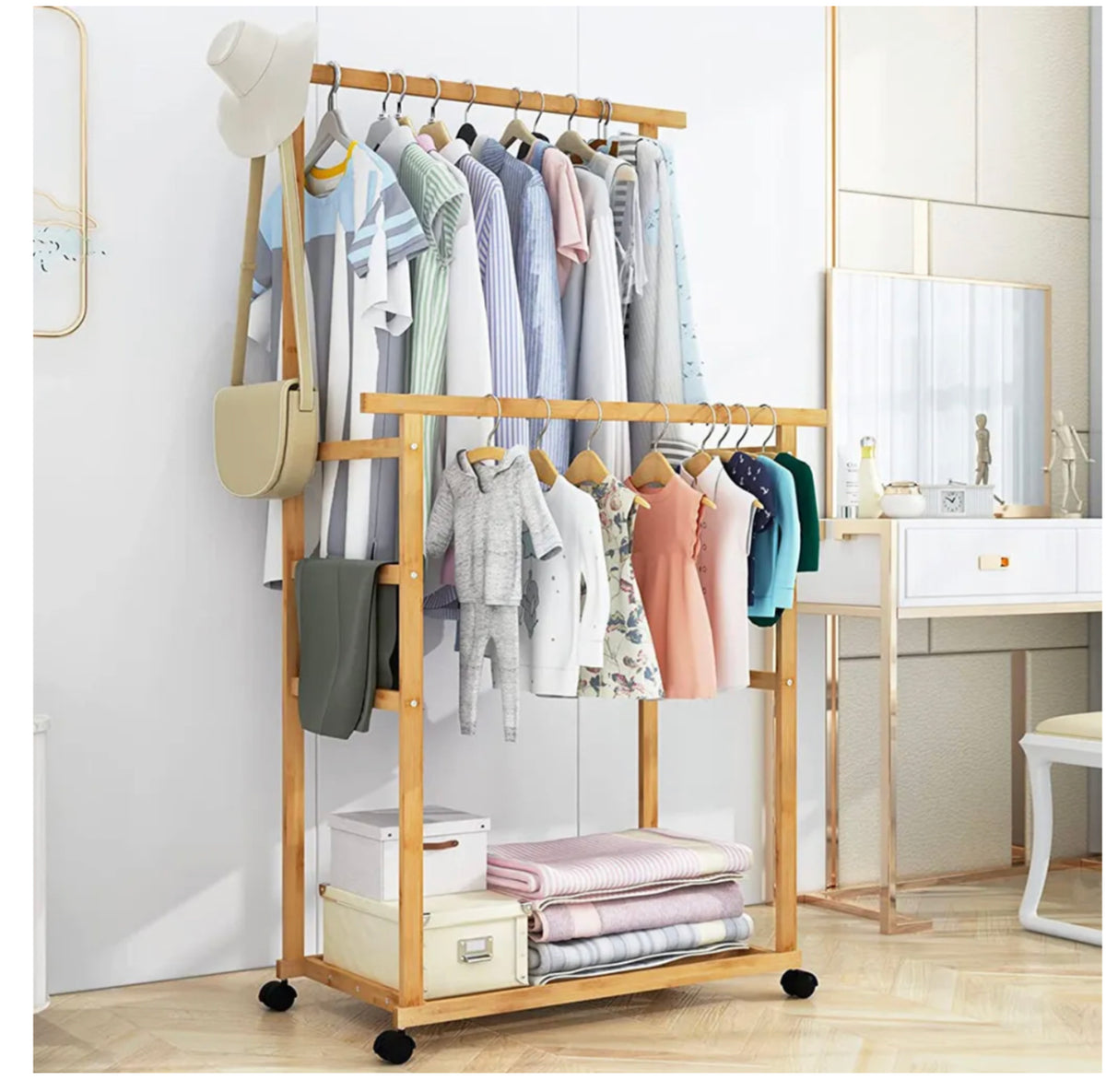 Rolling Double-Rail Bamboo Garment Rack with Lower Shelf