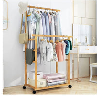 Rolling Double-Rail Bamboo Garment Rack with Lower Shelf