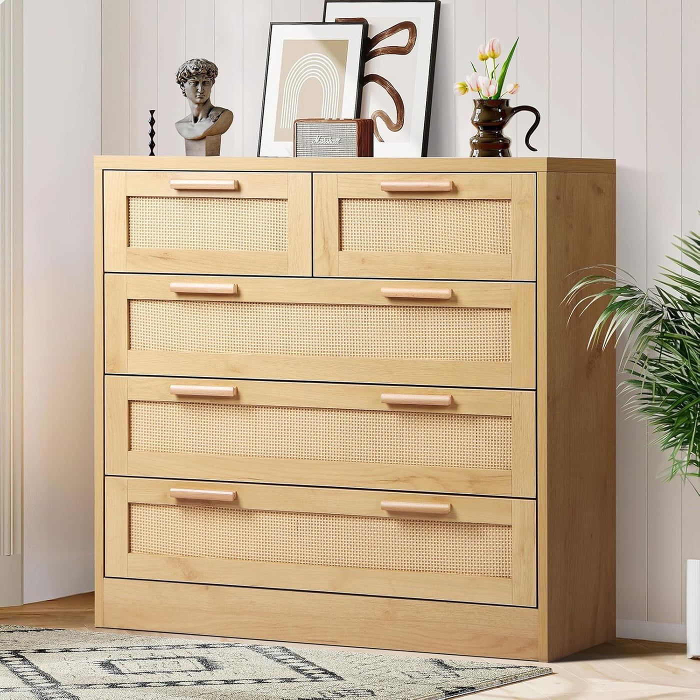 Wood-Finish Rattan Tallboy with 5 Drawers