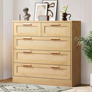 Wood-Finish Rattan Tallboy with 5 Drawers