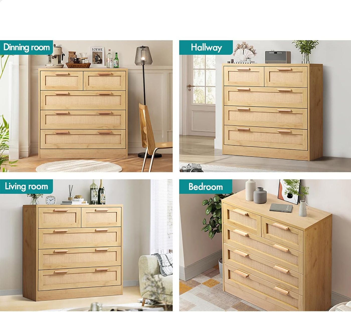 Wood-Finish Rattan Tallboy with 5 Drawers