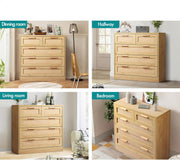 Wood-Finish Rattan Tallboy with 5 Drawers