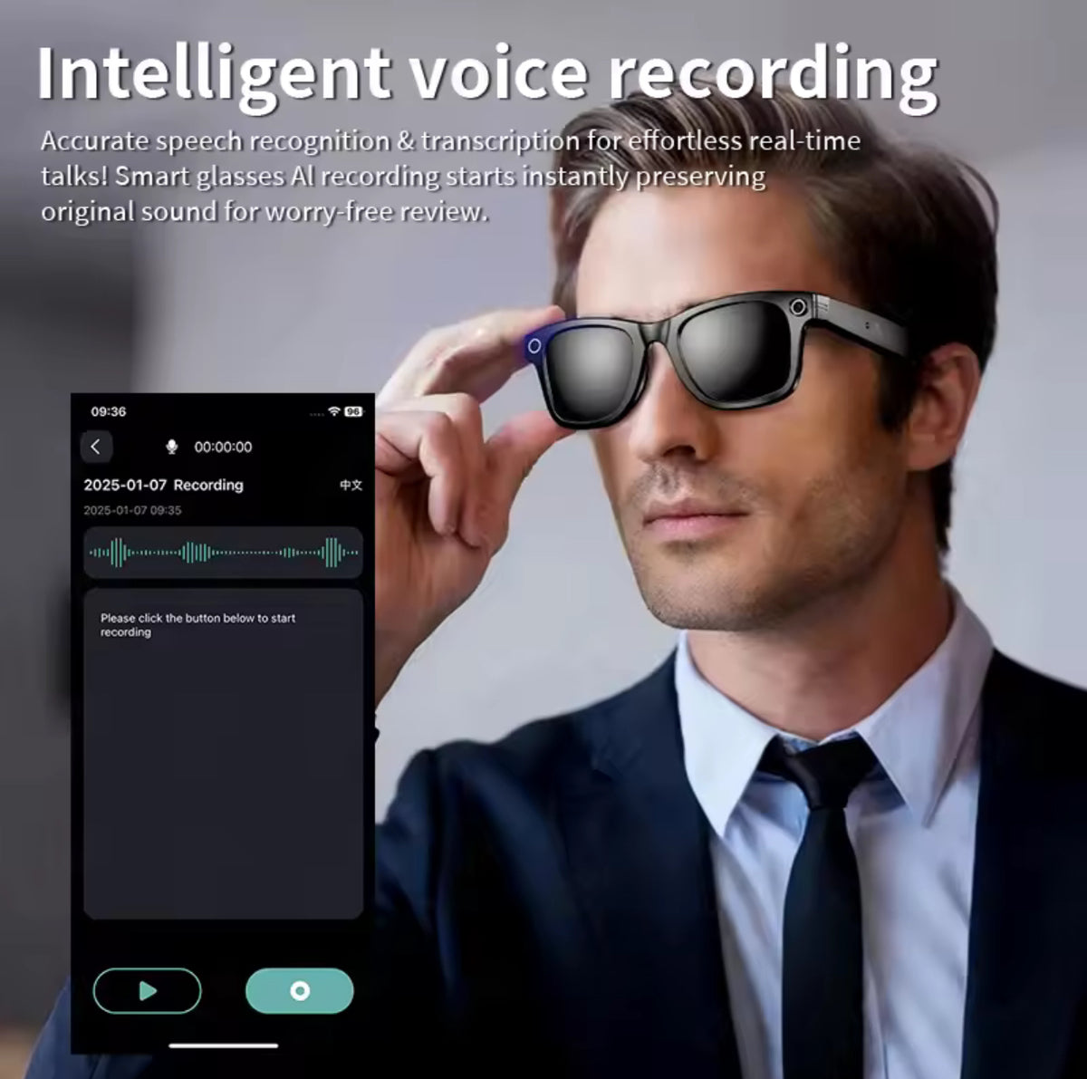 Smart Glasses Recording Videos AI Photo Recognition Answer Translation 260mAh Large Battery IP65 Waterproof Bluetooth Glasses