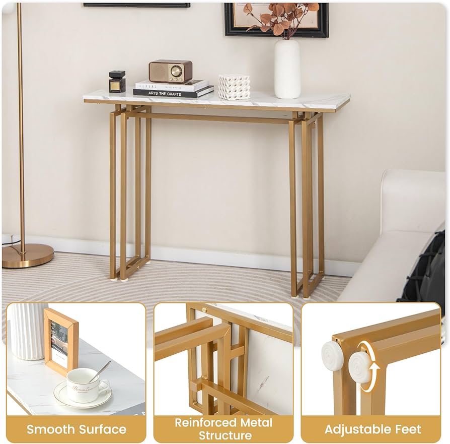 110cm Console Table, Faux Marble Sofa Table w/Sturdy Metal Legs, Adjustable Feet, Modern Entryway Table, Perfect for Foyer, Living Room, Hallway (Gold)