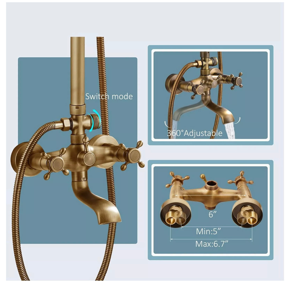 WELS Shower System Set Antique Brass Rainfall Shower Head Hand Shower Wall Mount