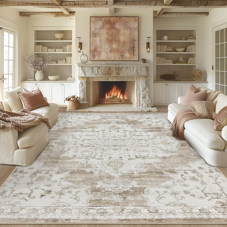 6x9 Area Rugs Washable Rug: Lagre Vintage Living Room Rug with Non-Slip Backing Low Pile Rugs Soft Indoor Floor Thin Carpet Non Shedding Neutral Carpets for Bedroom Dining Room Farmhouse Nursery Beige