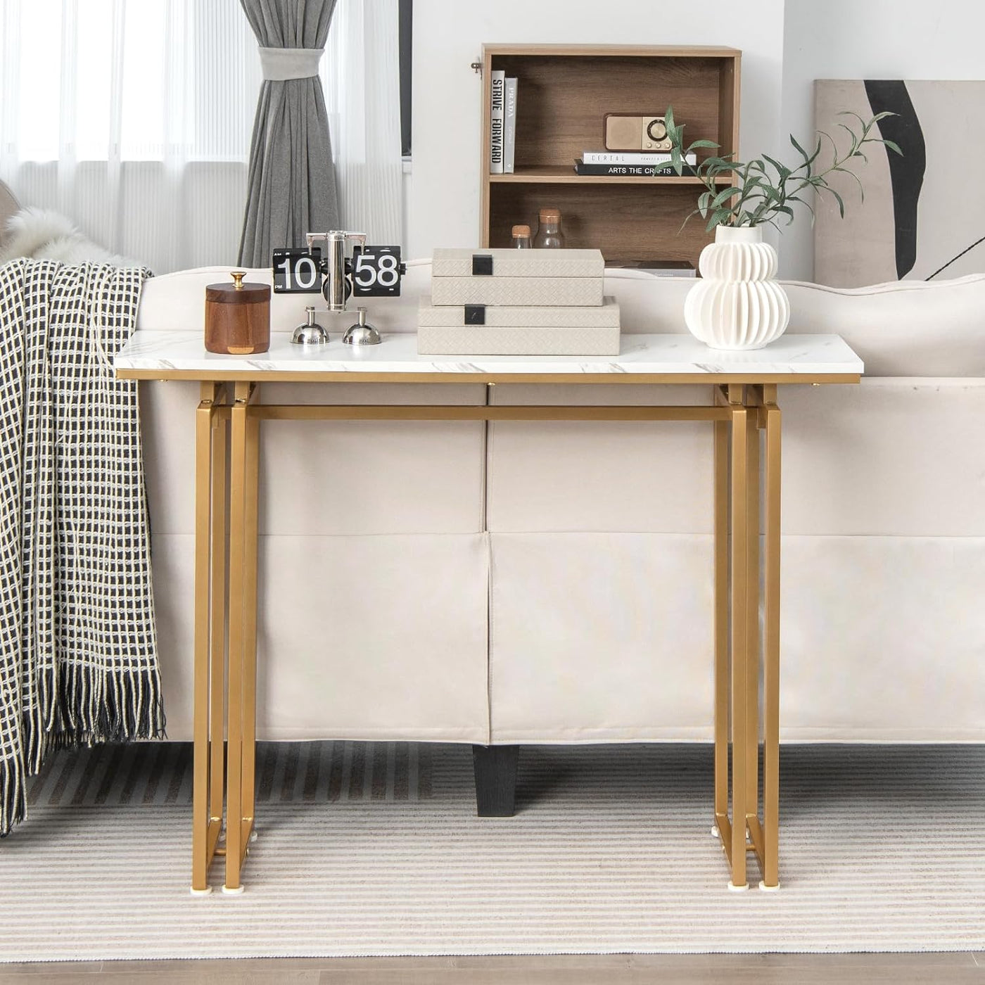 110cm Console Table, Faux Marble Sofa Table w/Sturdy Metal Legs, Adjustable Feet, Modern Entryway Table, Perfect for Foyer, Living Room, Hallway (Gold)