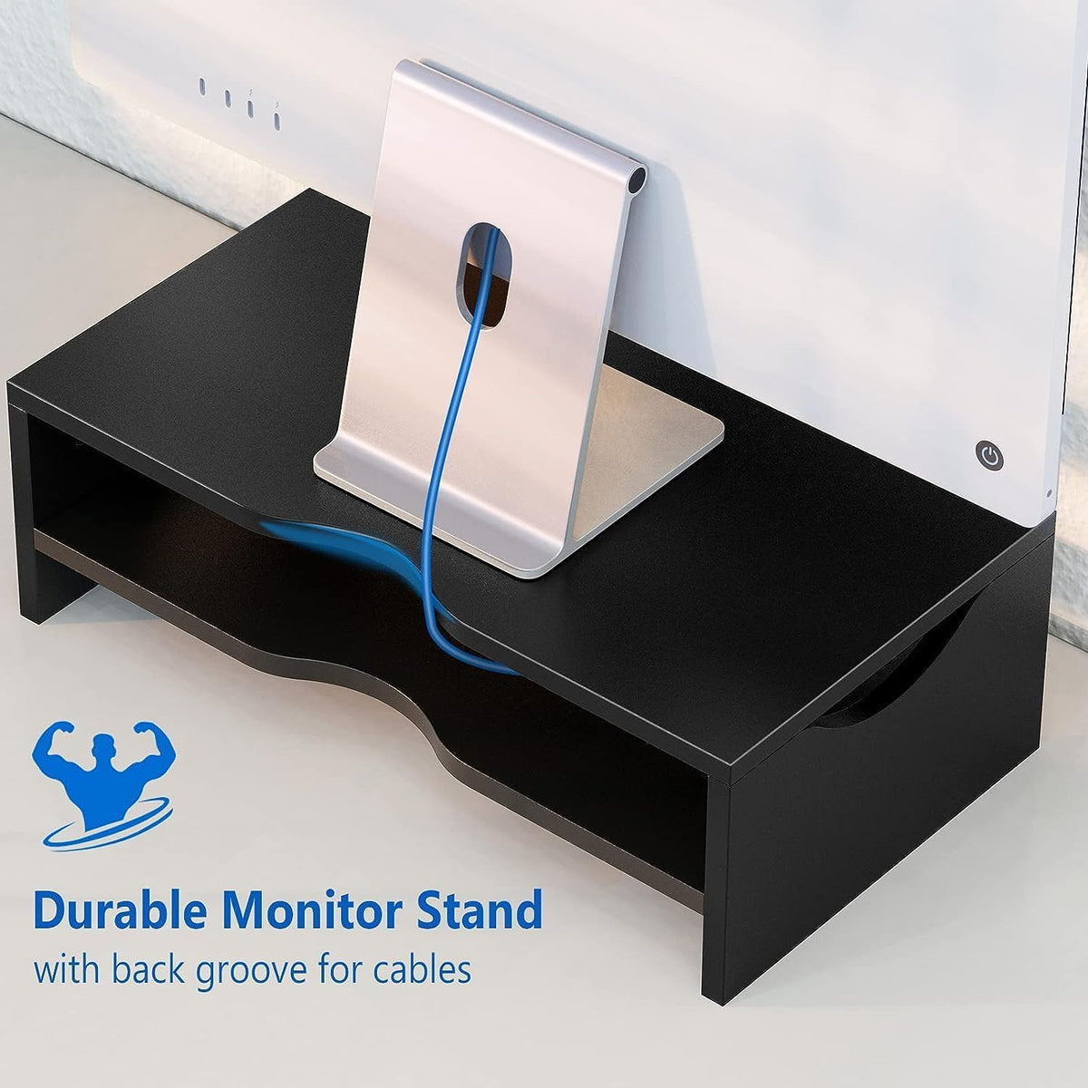 Black 2-Tier Wood Monitor Riser with Keyboard Storage