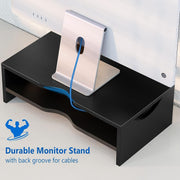 Black 2-Tier Wood Monitor Riser with Keyboard Storage