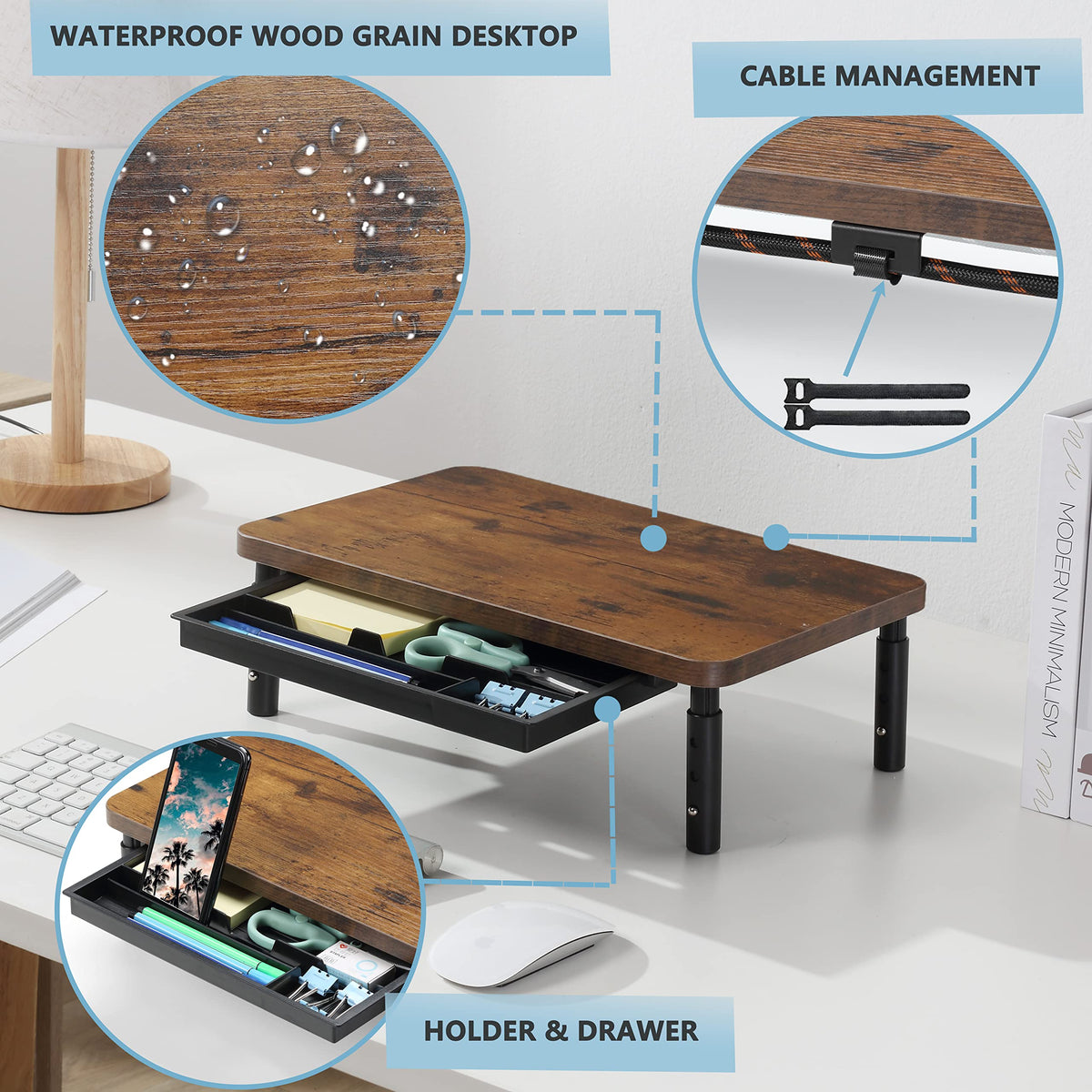 2-Pack Wood Monitor Risers with Drawer – 3 Heights
