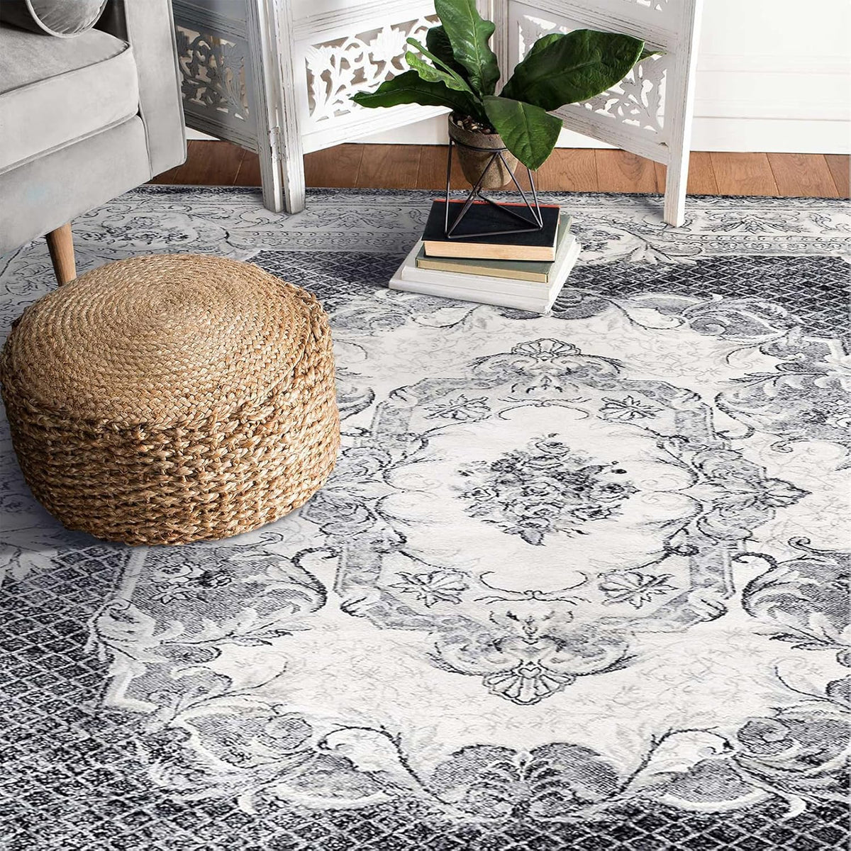 200 × 200 cm Grey & White Imitation-Cashmere Area Rug